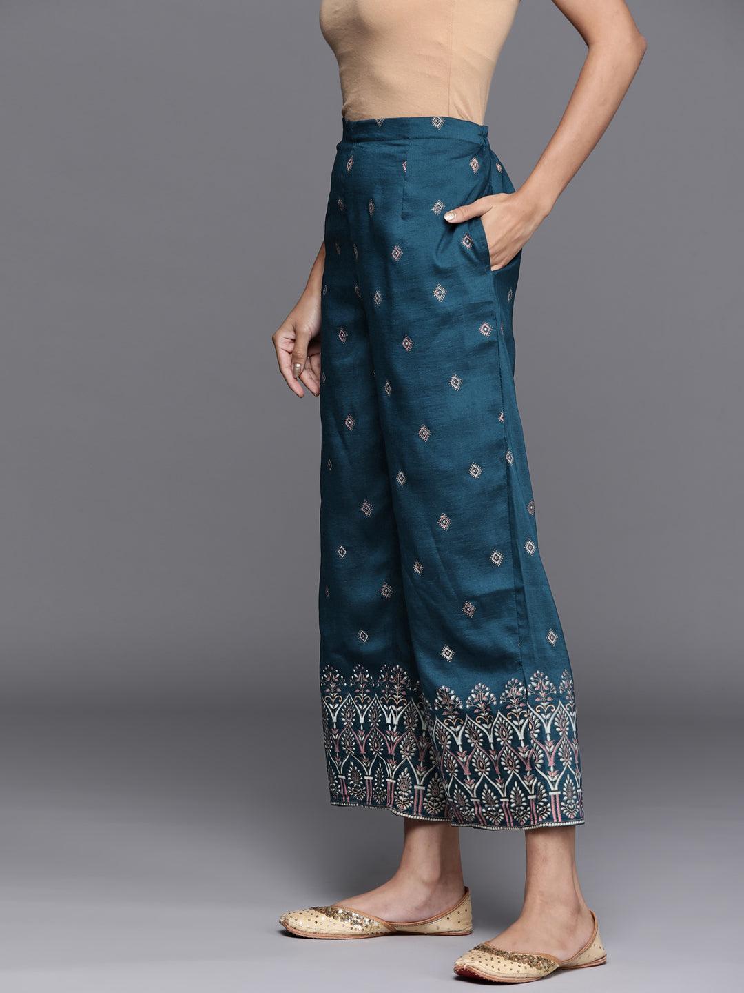 Blue Printed Silk Palazzos - ShopLibas