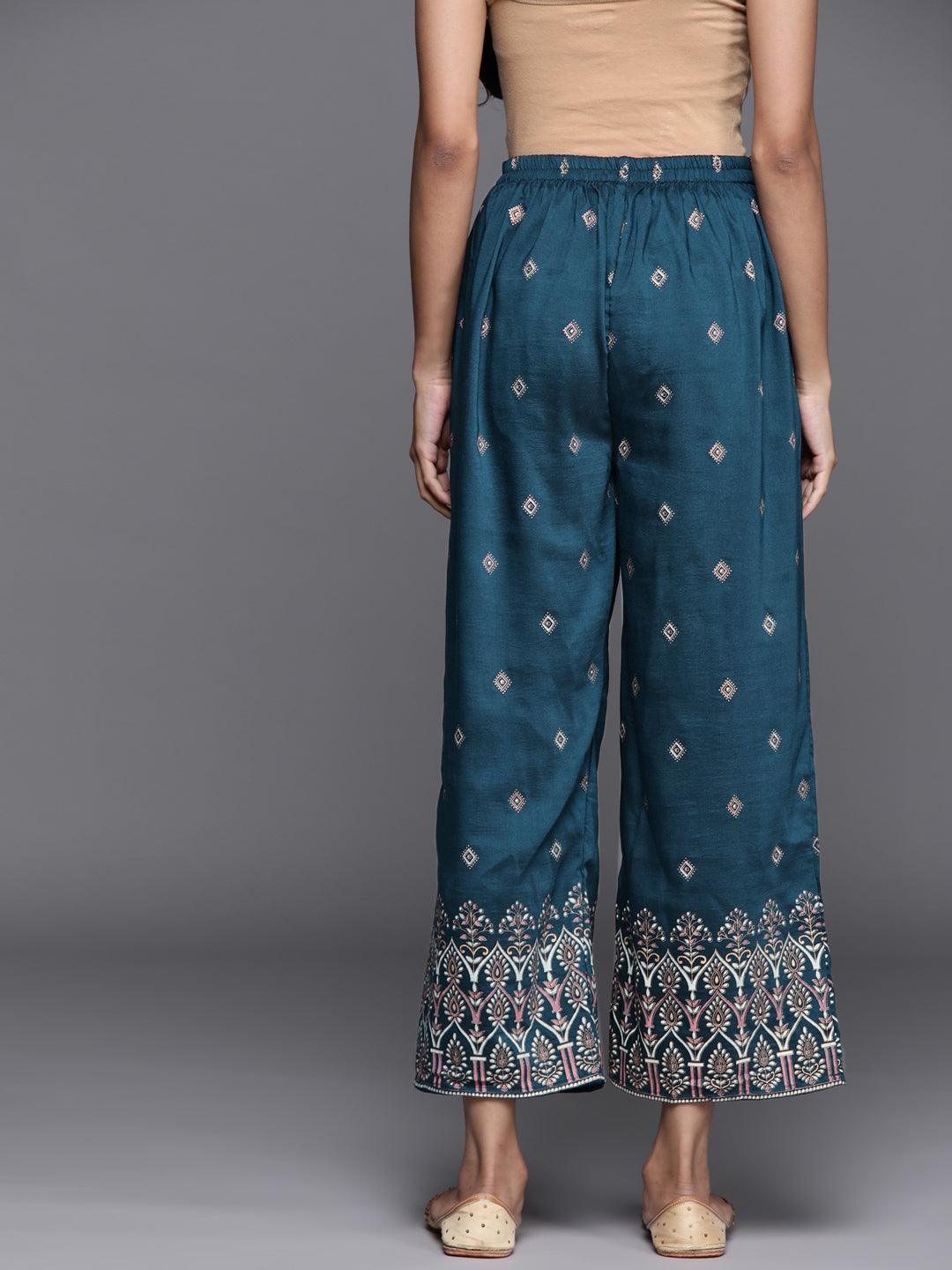 Blue Printed Silk Palazzos - ShopLibas