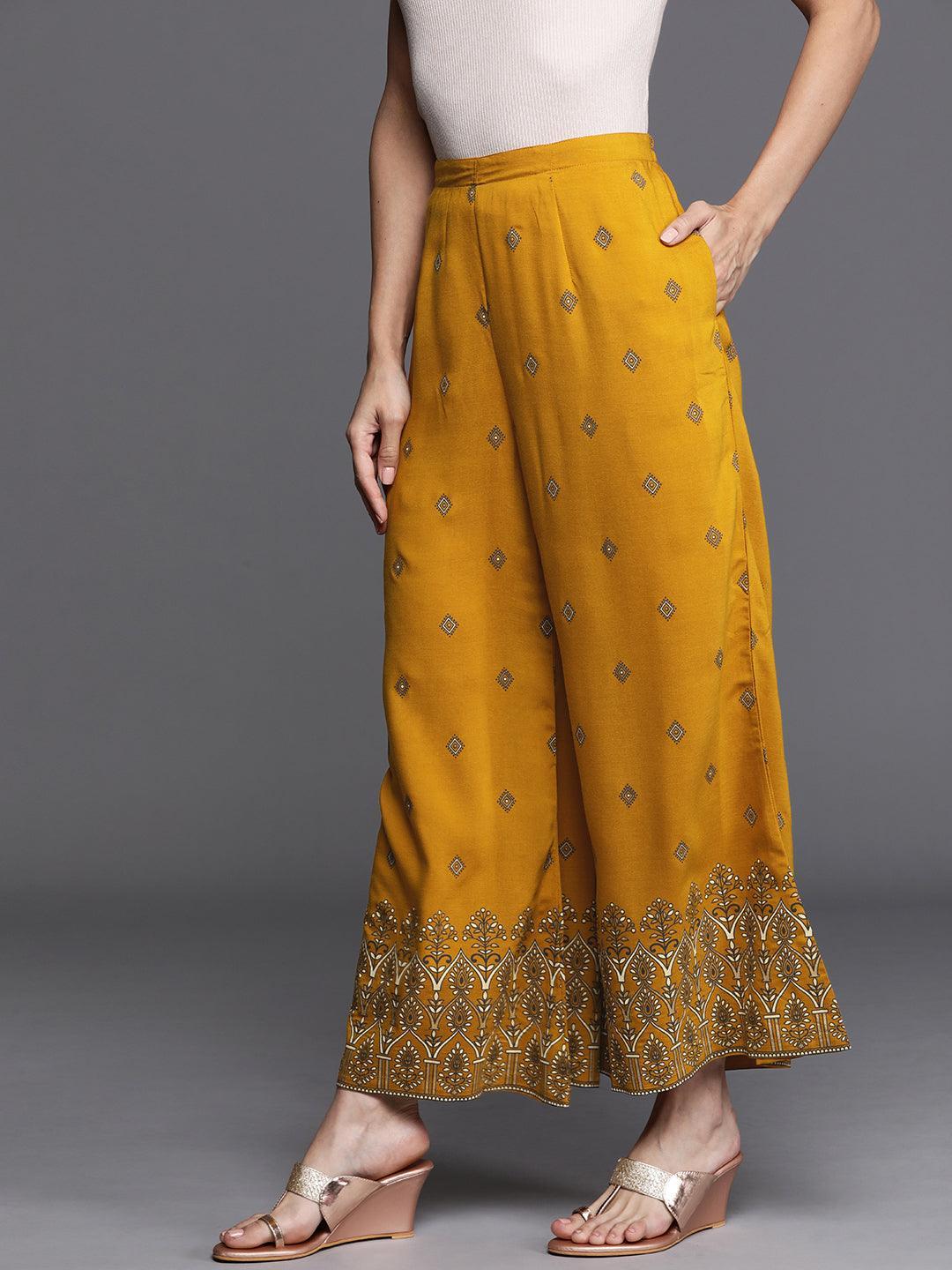 Yellow Printed Silk Palazzos - ShopLibas