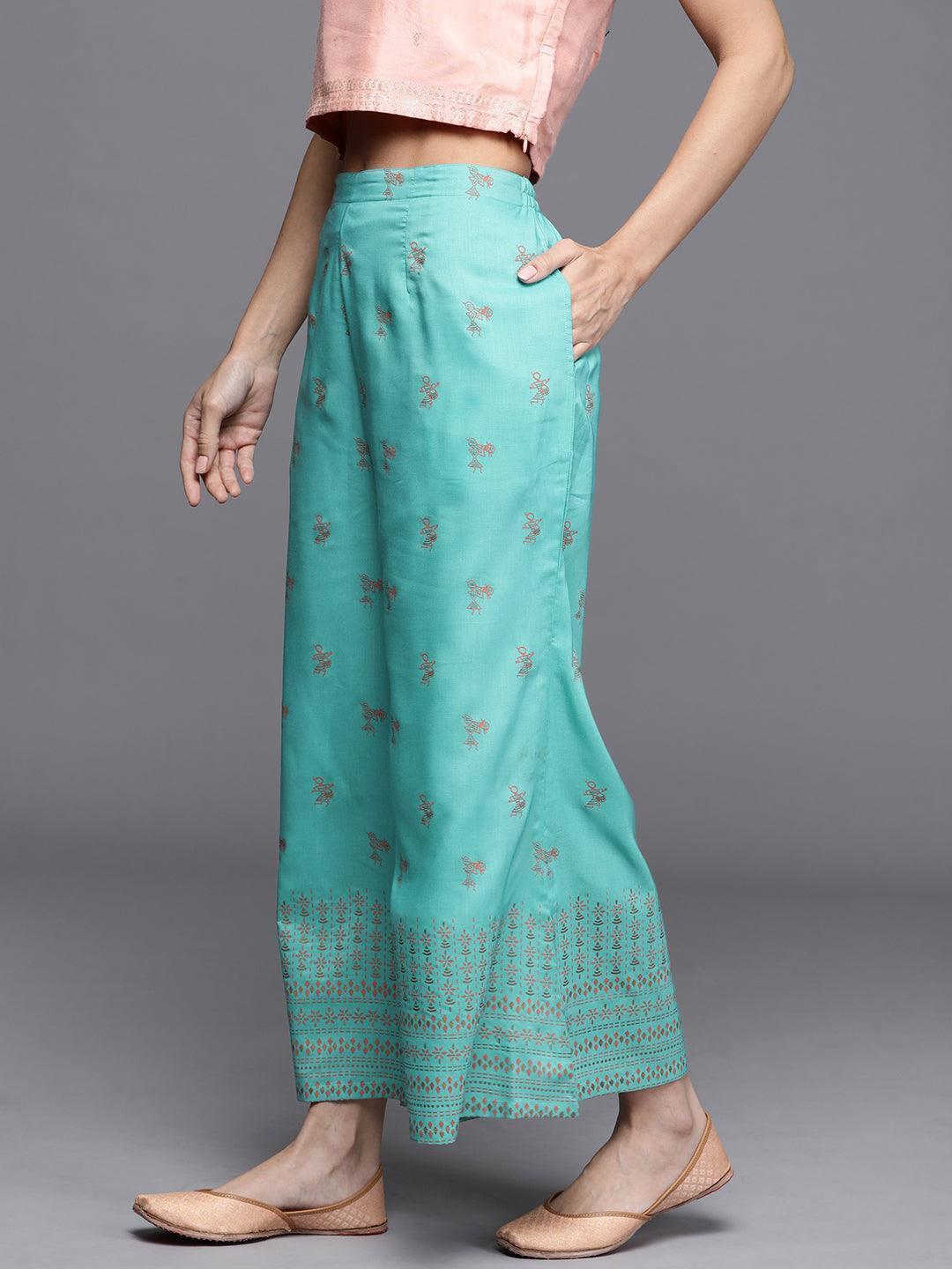 Turquoise Blue Printed Silk Palazzos - ShopLibas