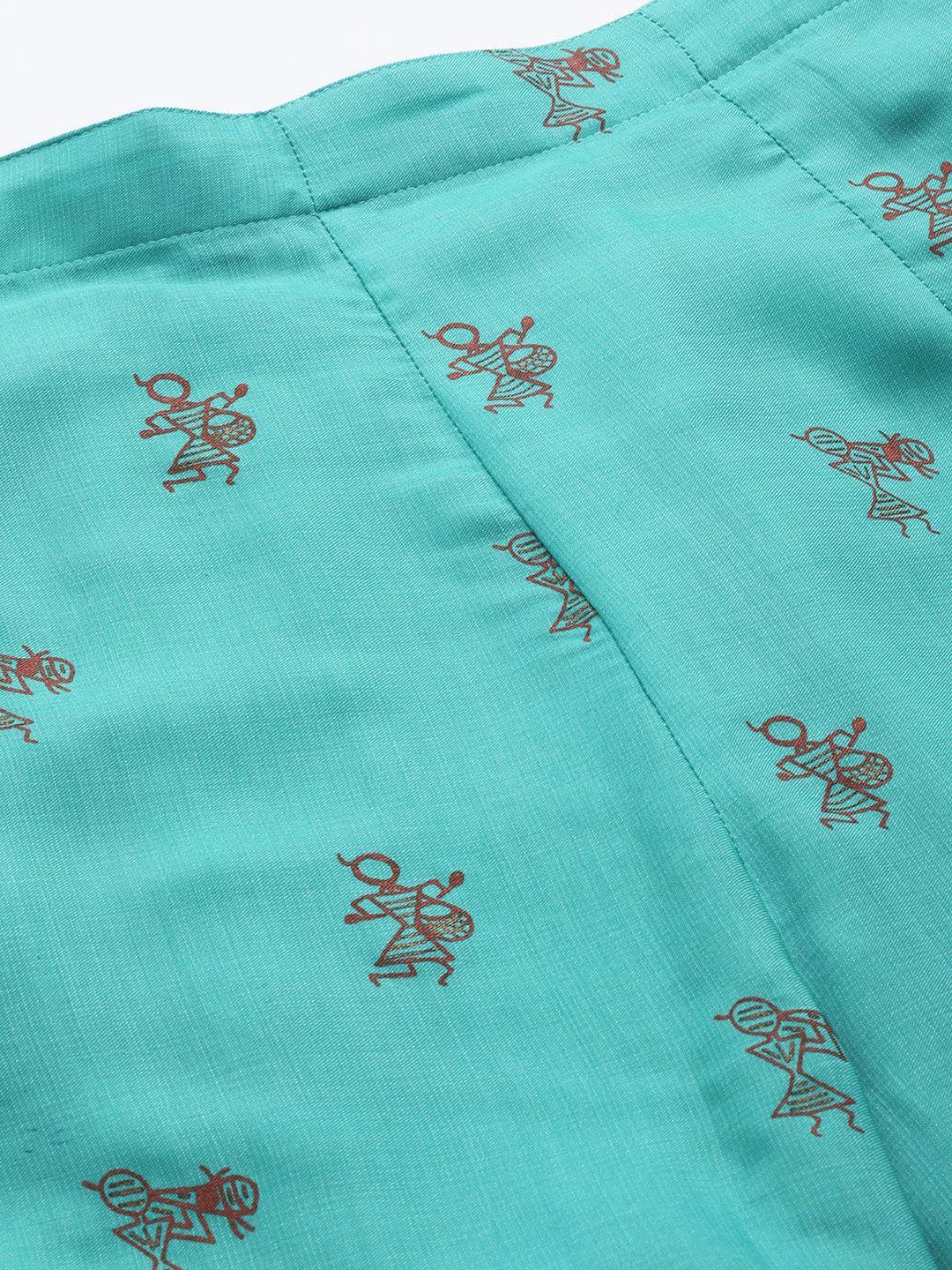 Turquoise Blue Printed Silk Palazzos - ShopLibas