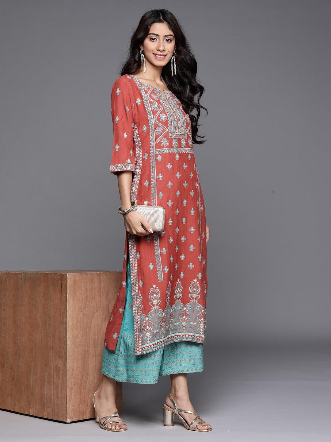 Turquoise Blue Printed Silk Palazzos - ShopLibas