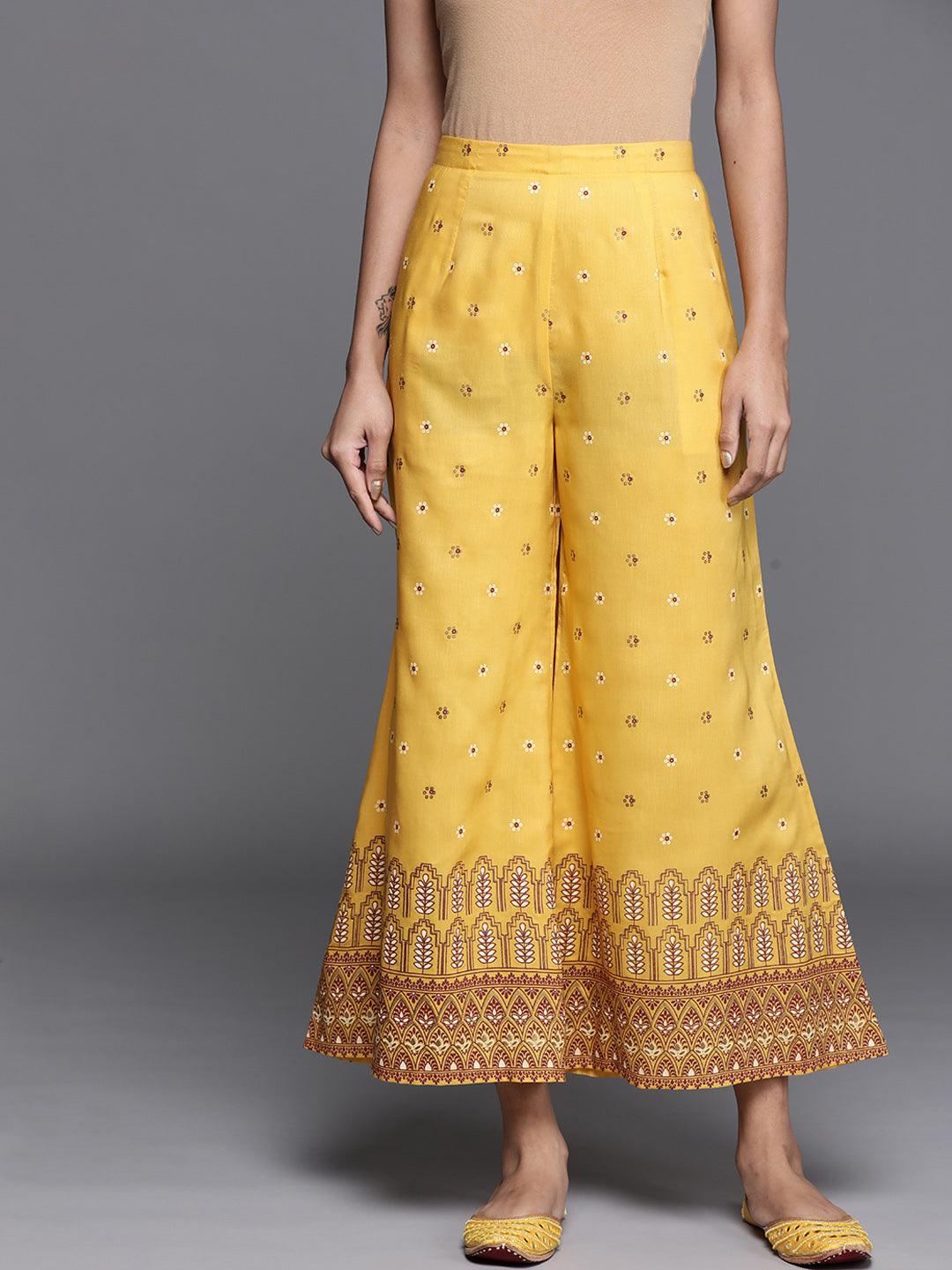 Yellow Printed Silk Palazzos - ShopLibas