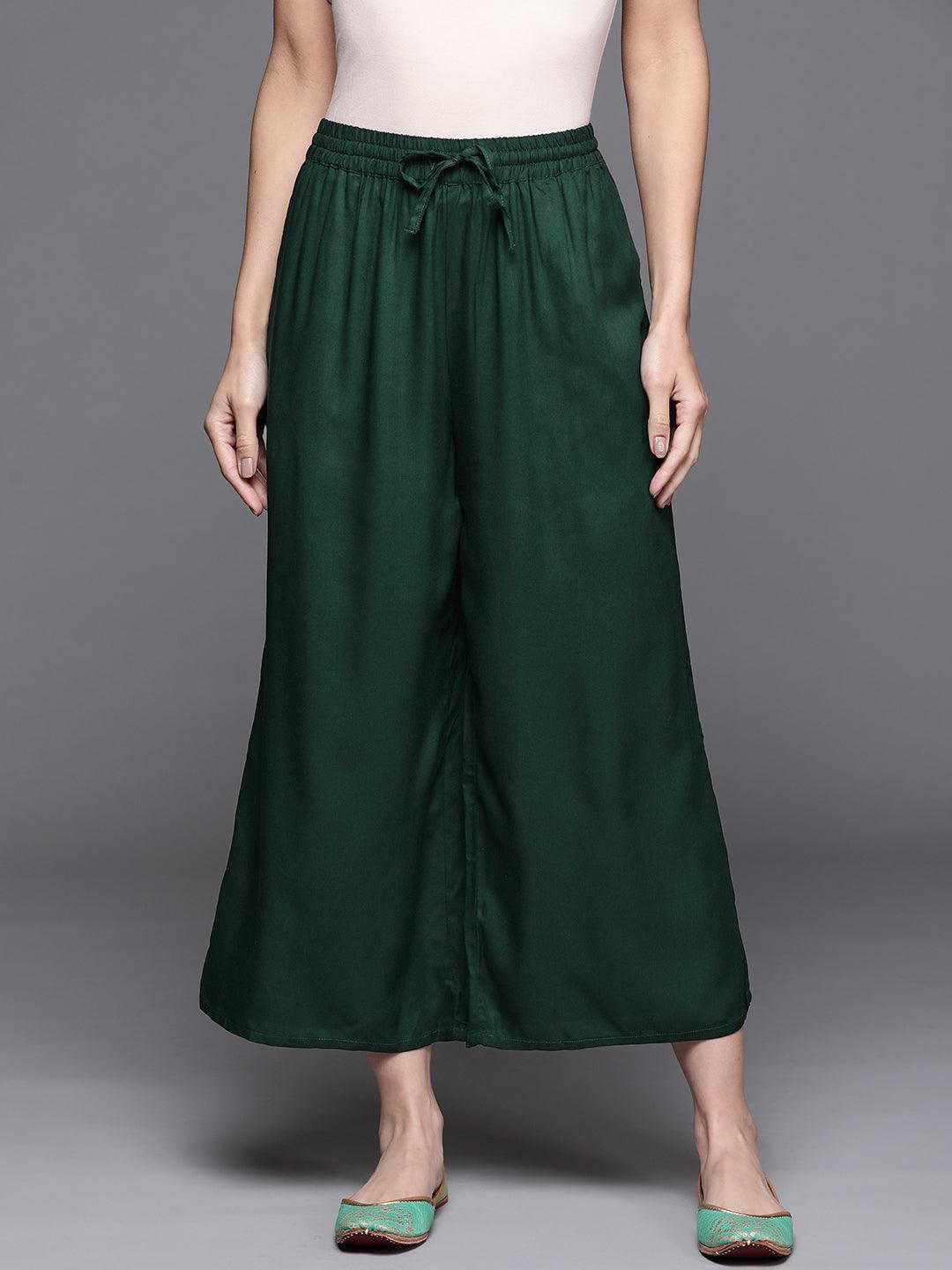 Green Solid Rayon Palazzos - ShopLibas