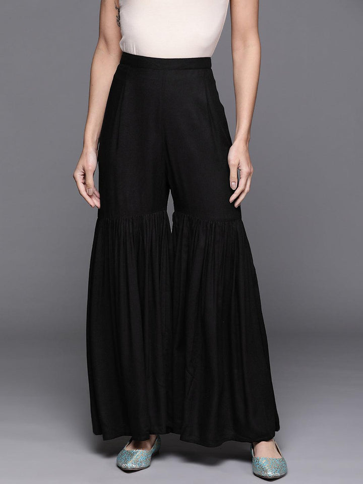 Black Solid Rayon Sharara Pants