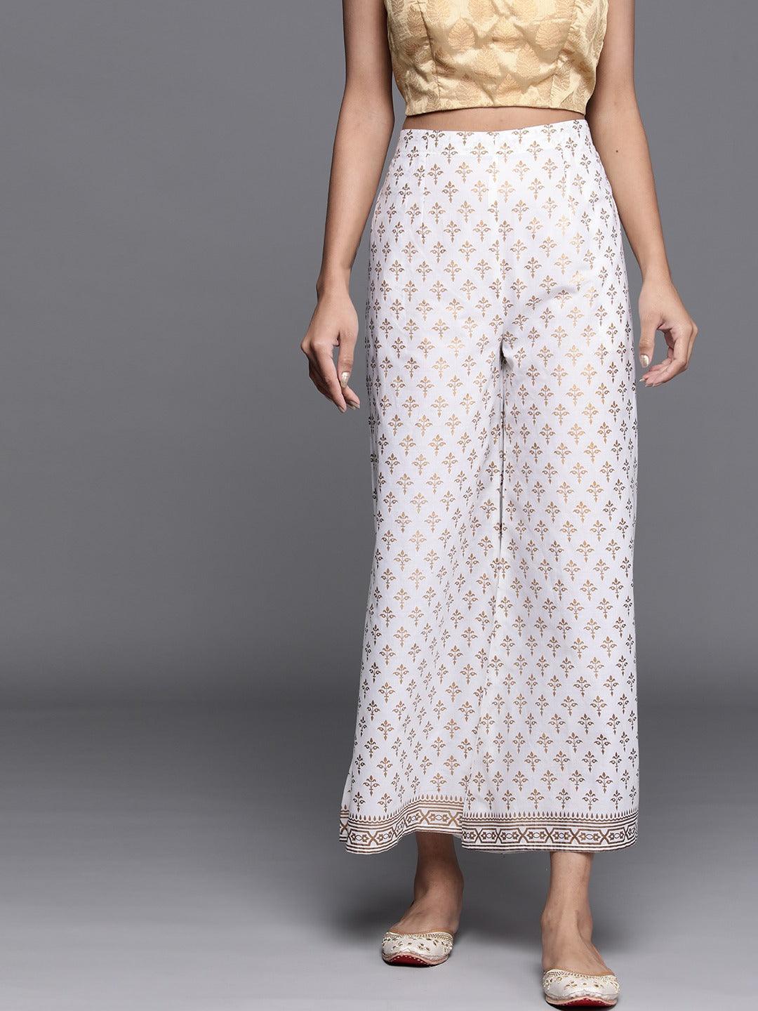 White Printed Cotton Palazzos - ShopLibas