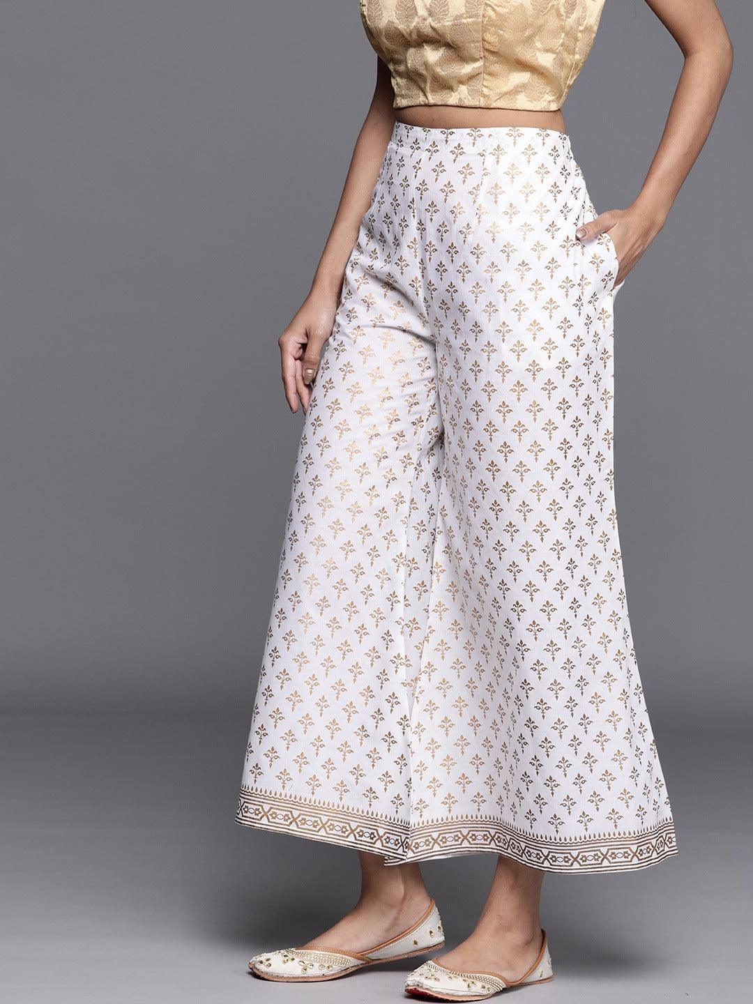 White Printed Cotton Palazzos - ShopLibas