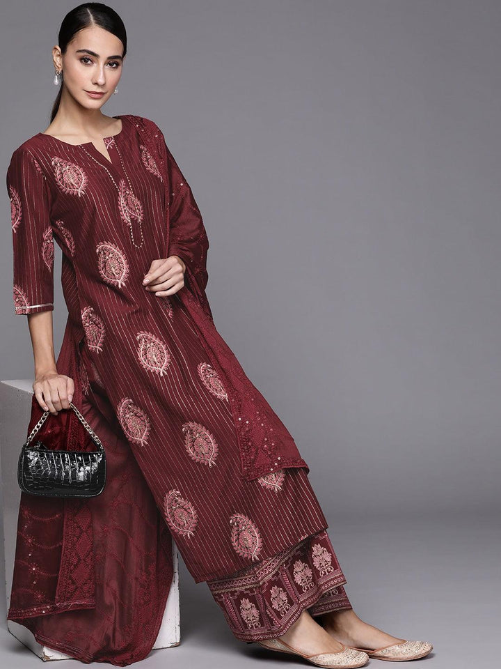 Maroon Self Design Silk Blend Suit Set