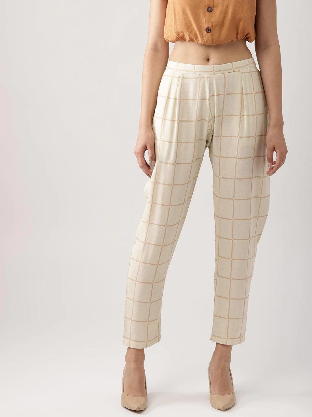 Beige Checkered Rayon Trousers - ShopLibas