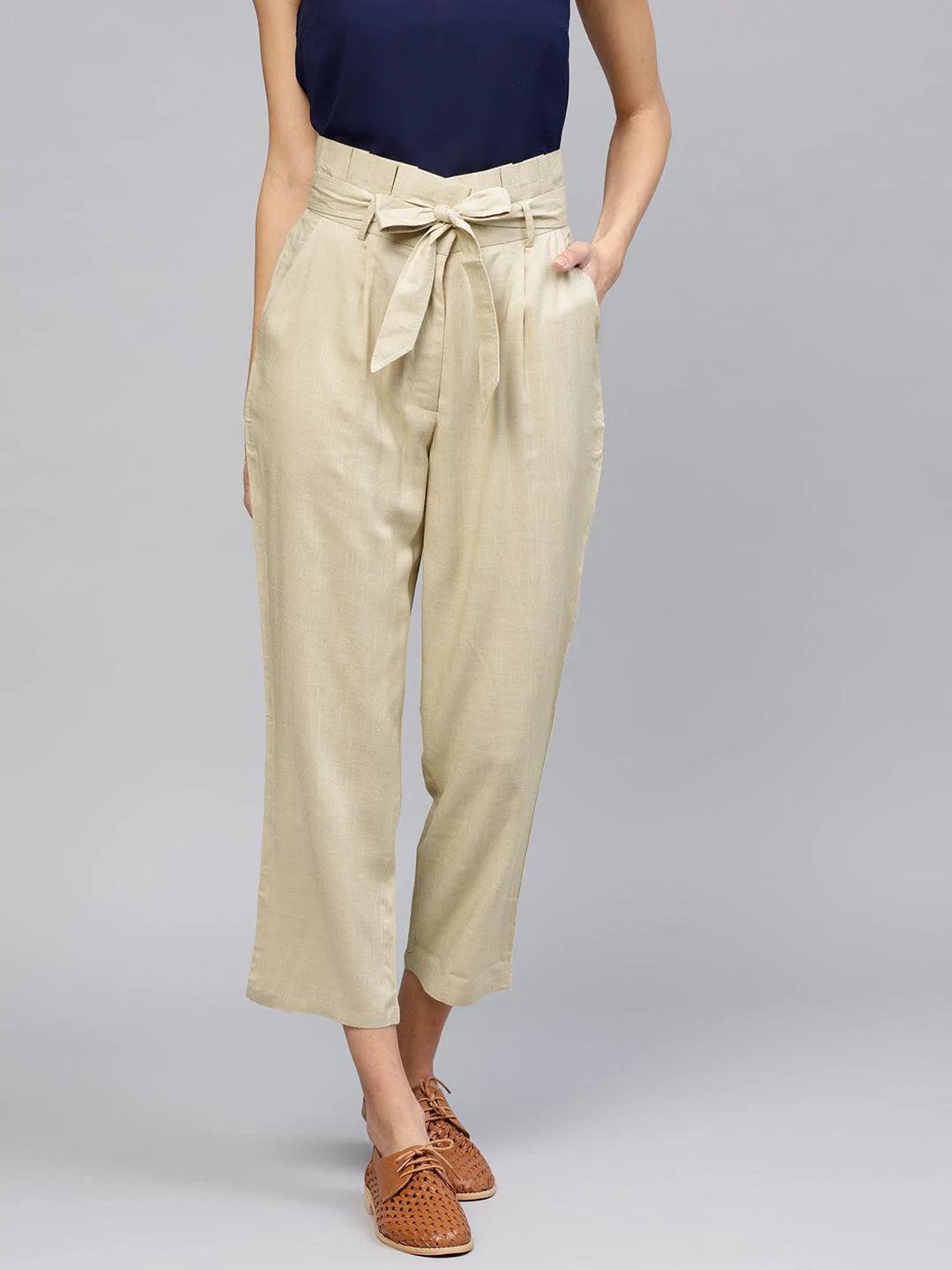 Beige Solid Rayon Trousers - ShopLibas