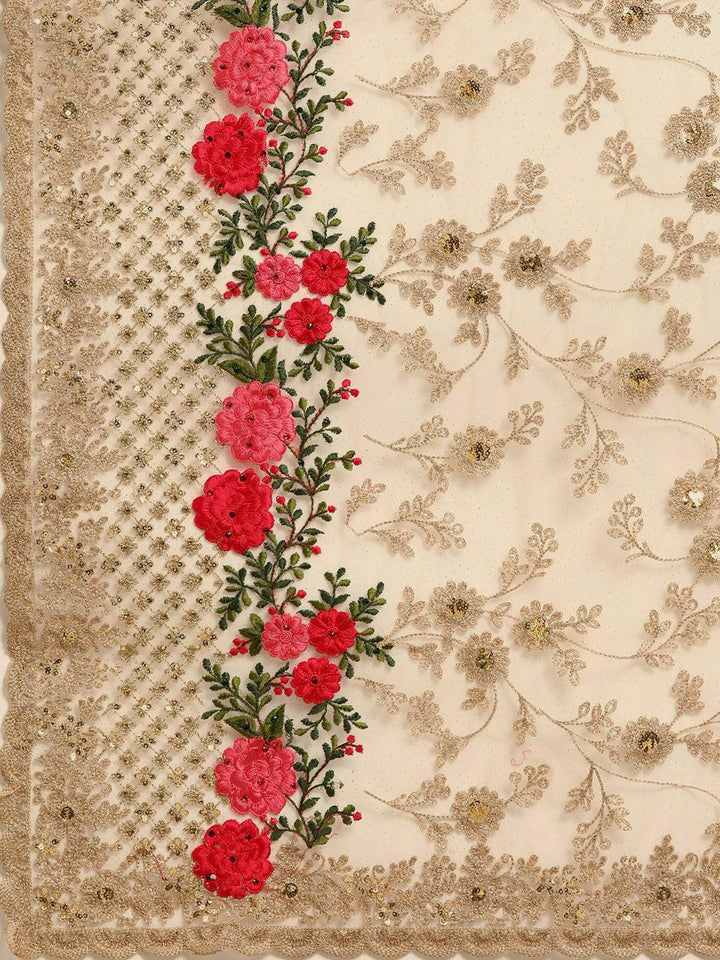 Beige Embroidered Net Saree
