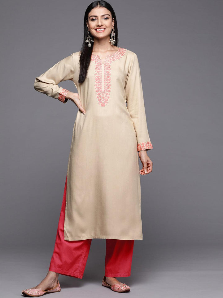 Beige Embroidered Pashmina Wool Straight Kurta