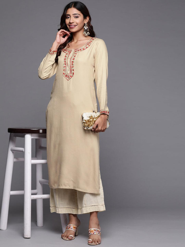 Beige Embroidered Pashmina Wool Straight Kurta