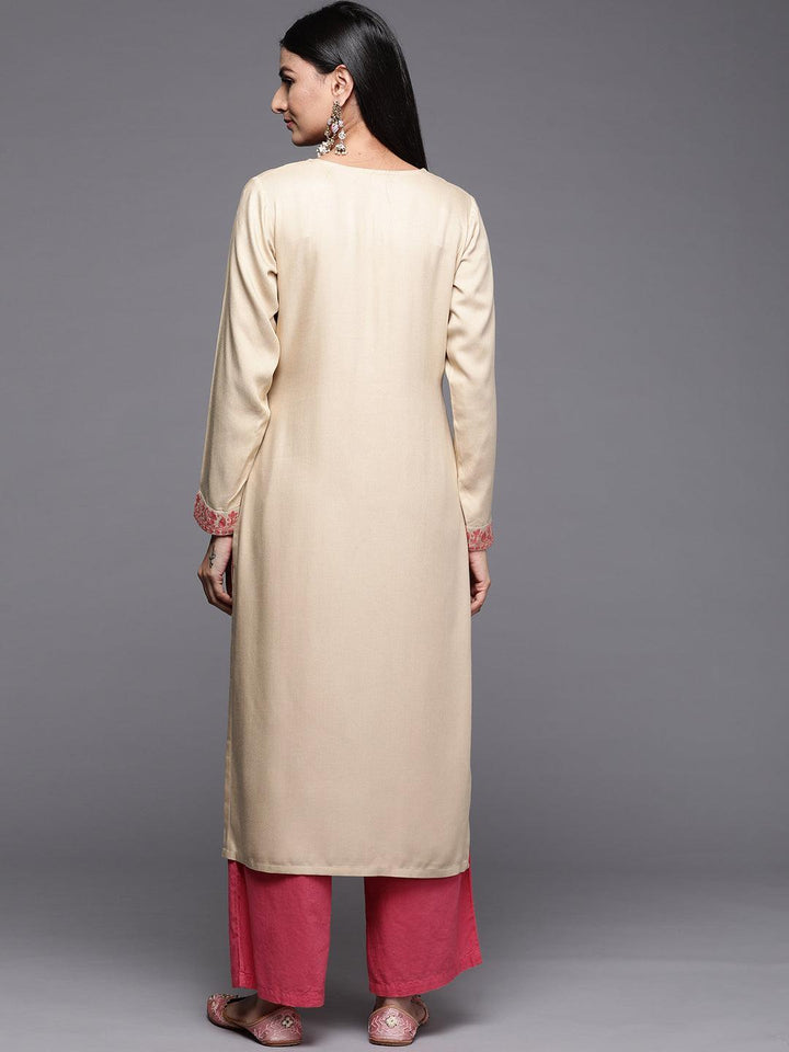 Beige Embroidered Pashmina Wool Straight Kurta