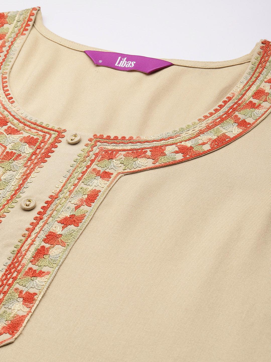 Beige Embroidered Pashmina Wool Straight Kurta - Libas