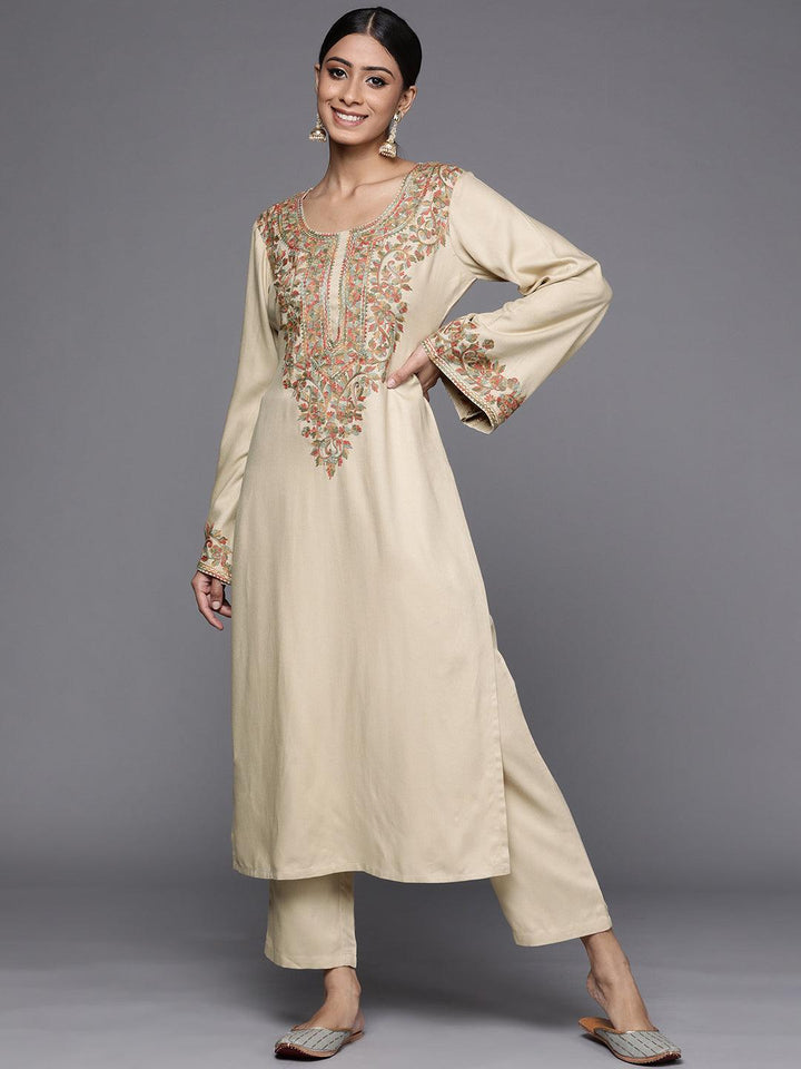 Beige Embroidered Rayon Kurta