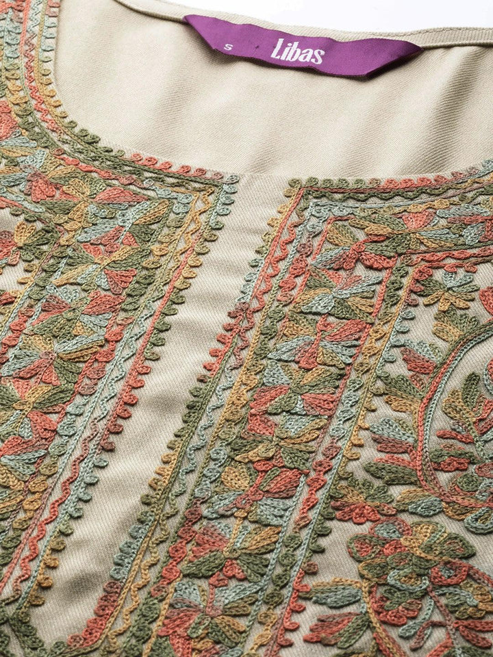 Beige Embroidered Rayon Kurta