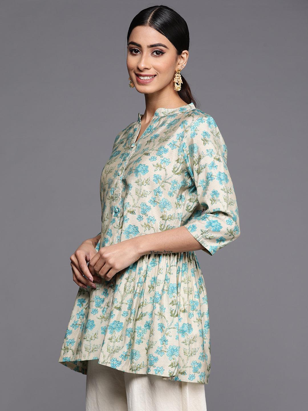 Beige Printed Silk Blend A-Line Kurti - ShopLibas