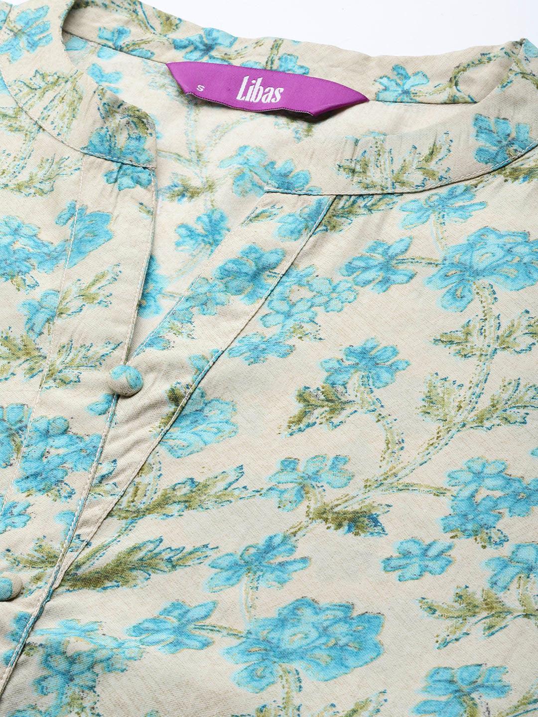 Beige Printed Silk Blend A-Line Kurti - ShopLibas