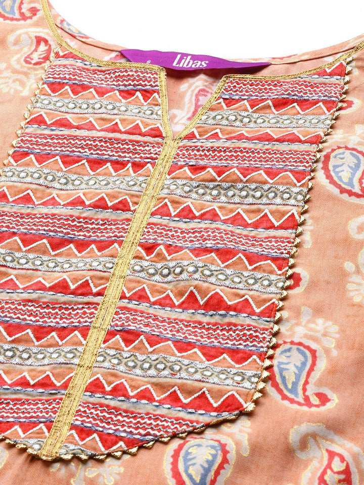 Beige Printed Silk Suit Set