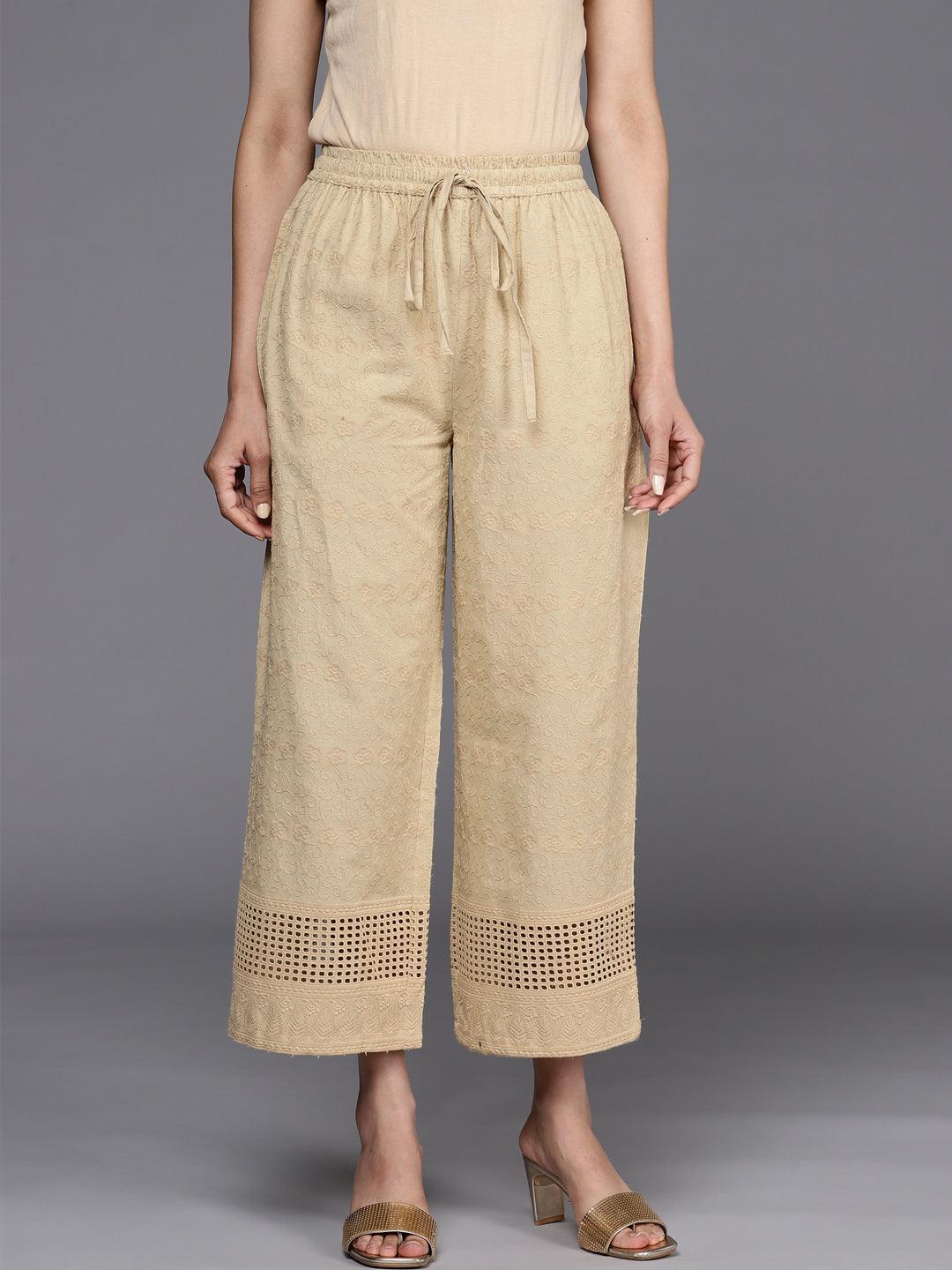 Beige Self Design Cotton Palazzos - ShopLibas