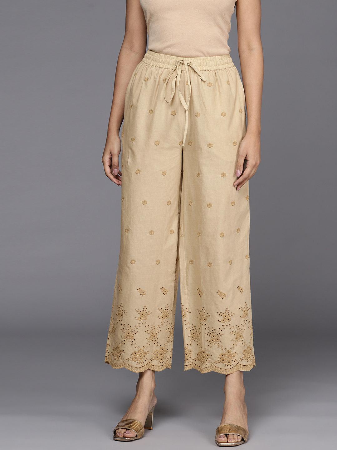 Beige Self Design Cotton Palazzos - ShopLibas