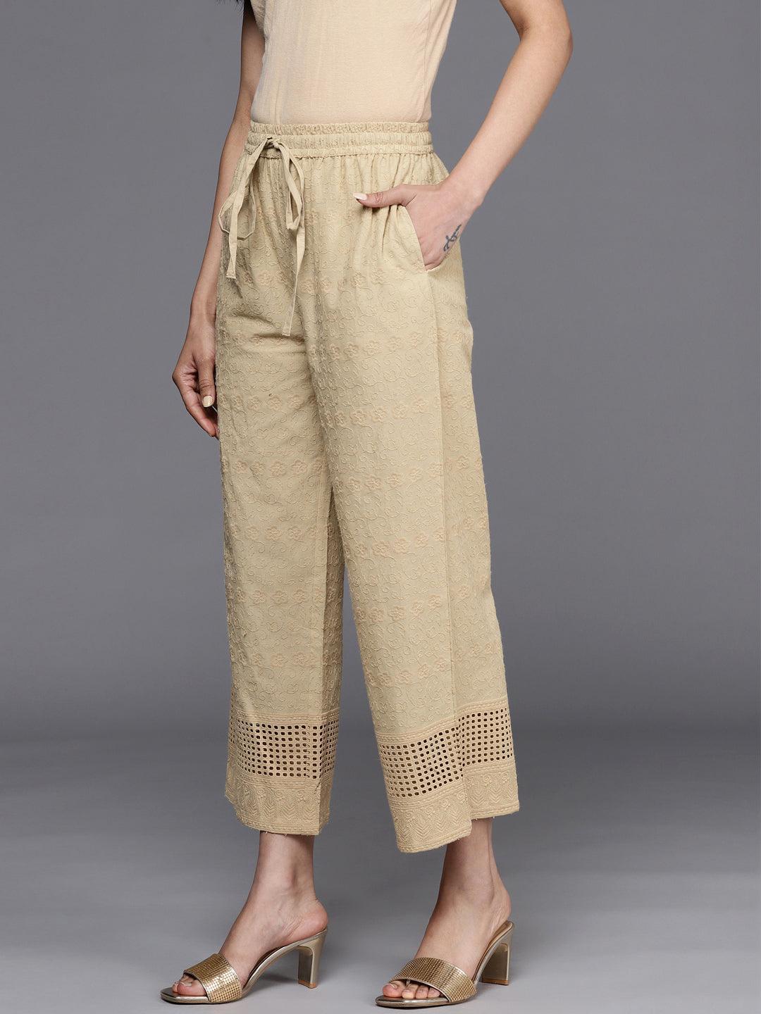 Beige Self Design Cotton Palazzos - ShopLibas