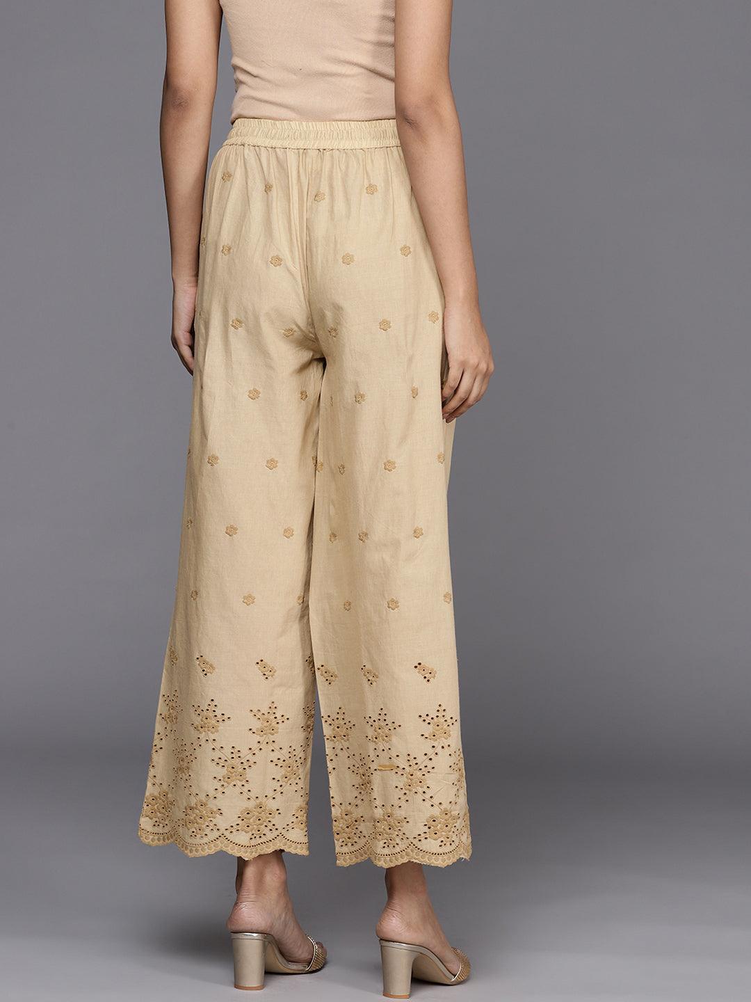 Beige Self Design Cotton Palazzos - ShopLibas