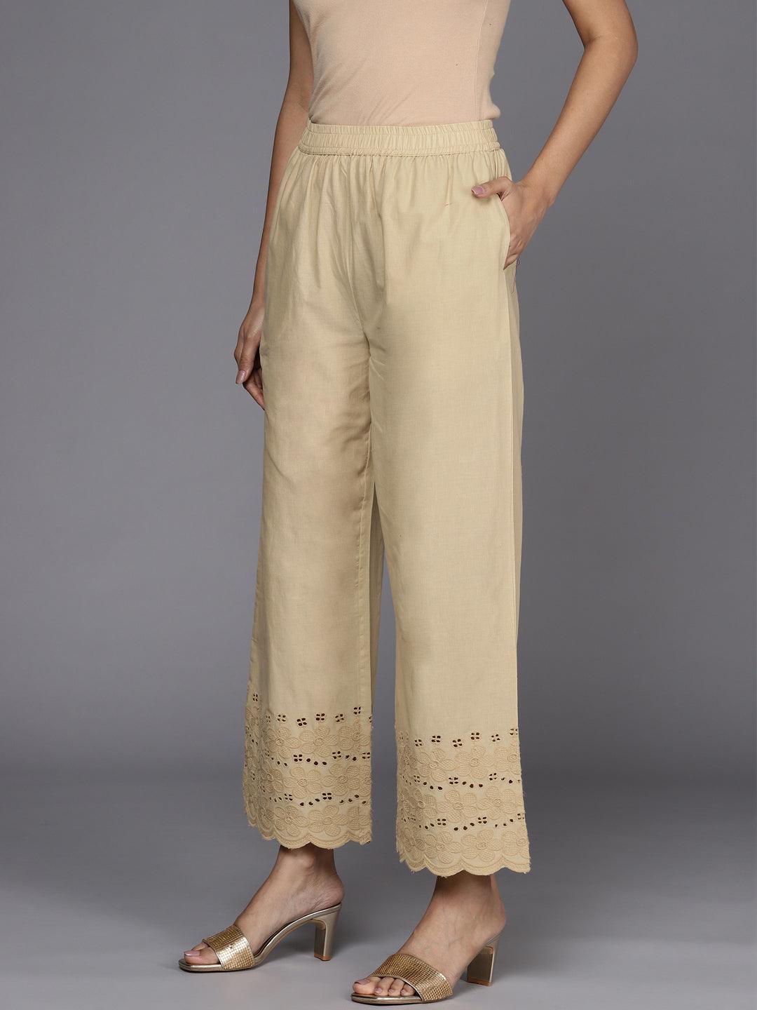 Beige Solid Cotton Palazzos - ShopLibas