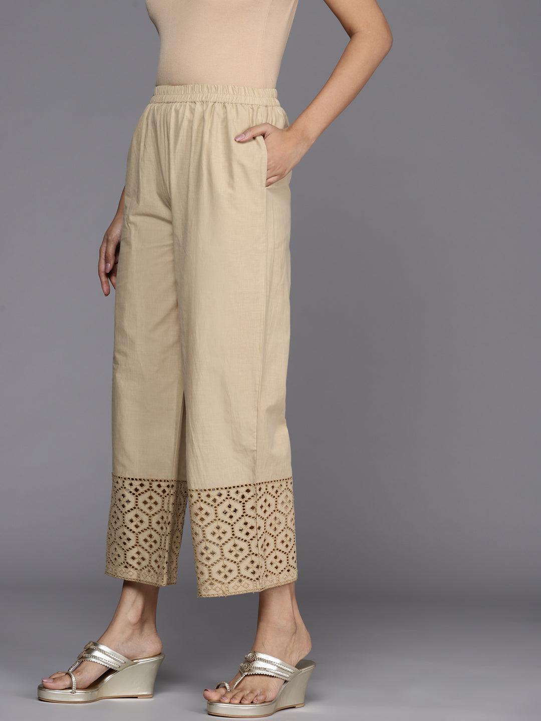 Beige Solid Cotton Palazzos - ShopLibas