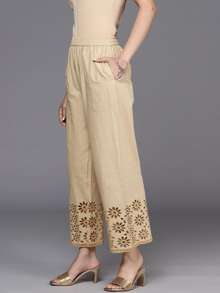 Beige Solid Cotton Palazzos