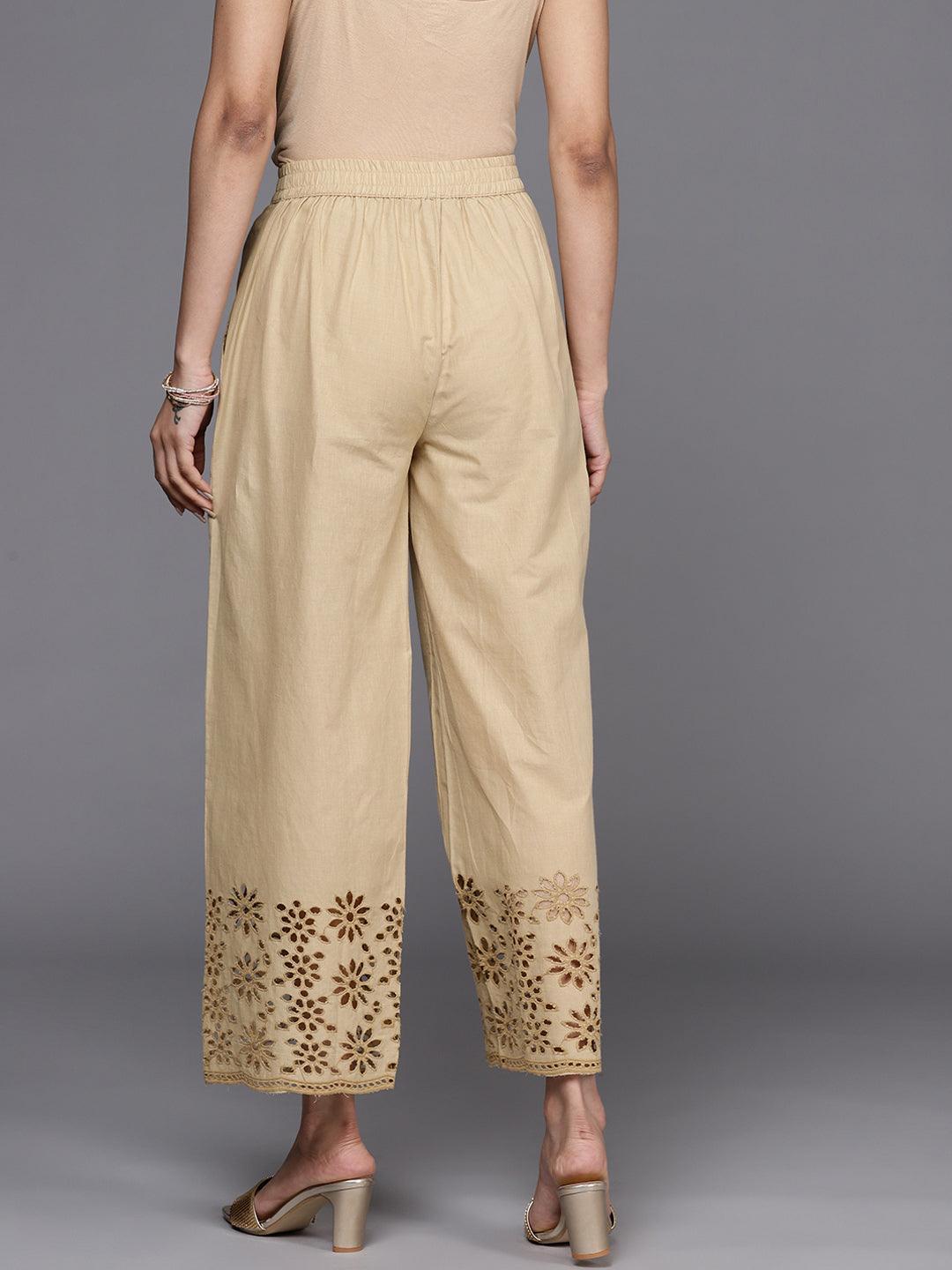 Beige Solid Cotton Palazzos - ShopLibas