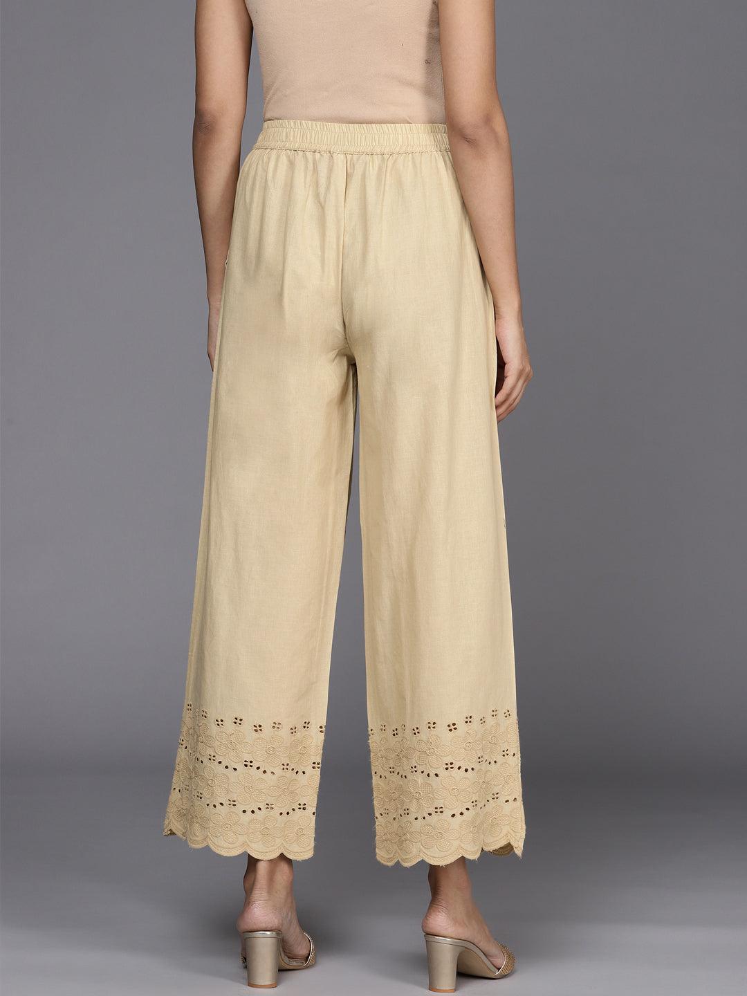 Beige Solid Cotton Palazzos - ShopLibas