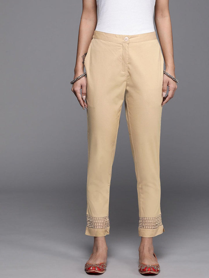 Beige Solid Cotton Trousers