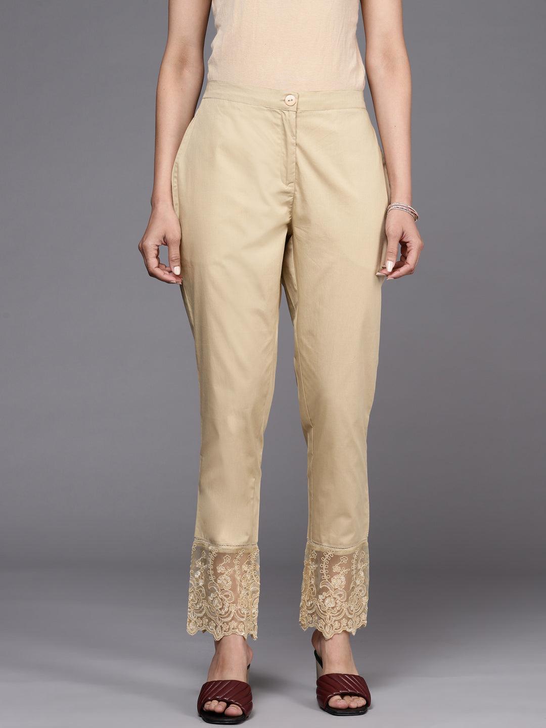 Beige Solid Cotton Trousers - ShopLibas