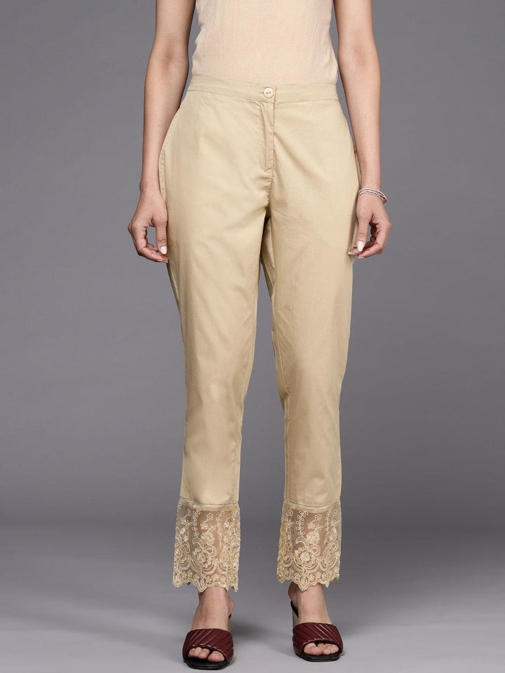 Beige Solid Cotton Trousers