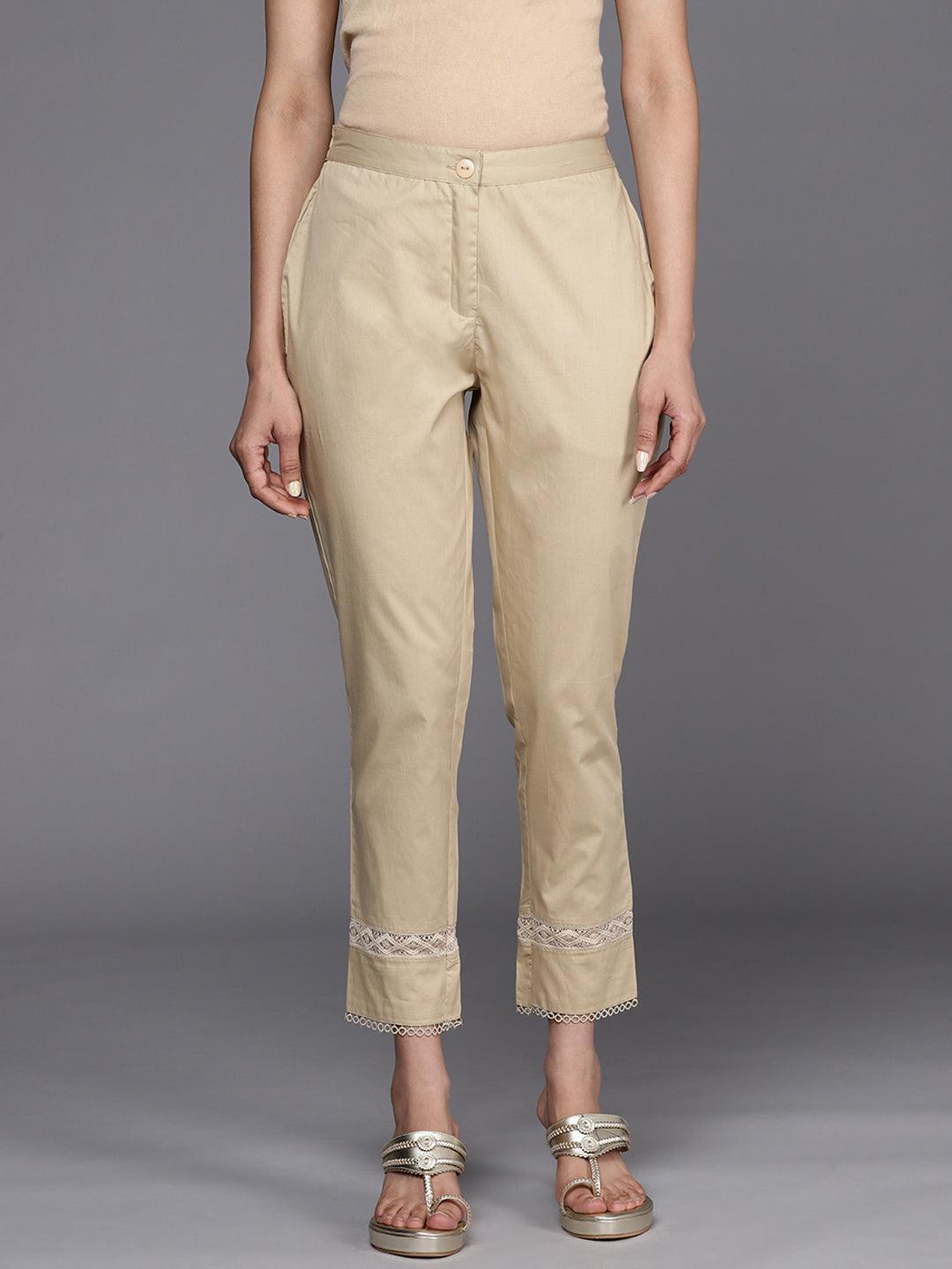 Beige Solid Cotton Trousers - ShopLibas