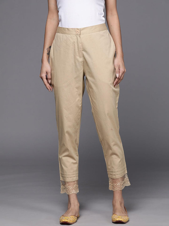 Beige Solid Cotton Trousers