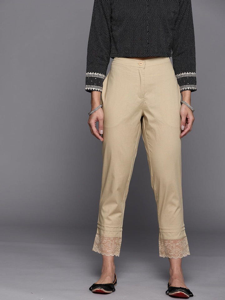 Beige Solid Cotton Trousers