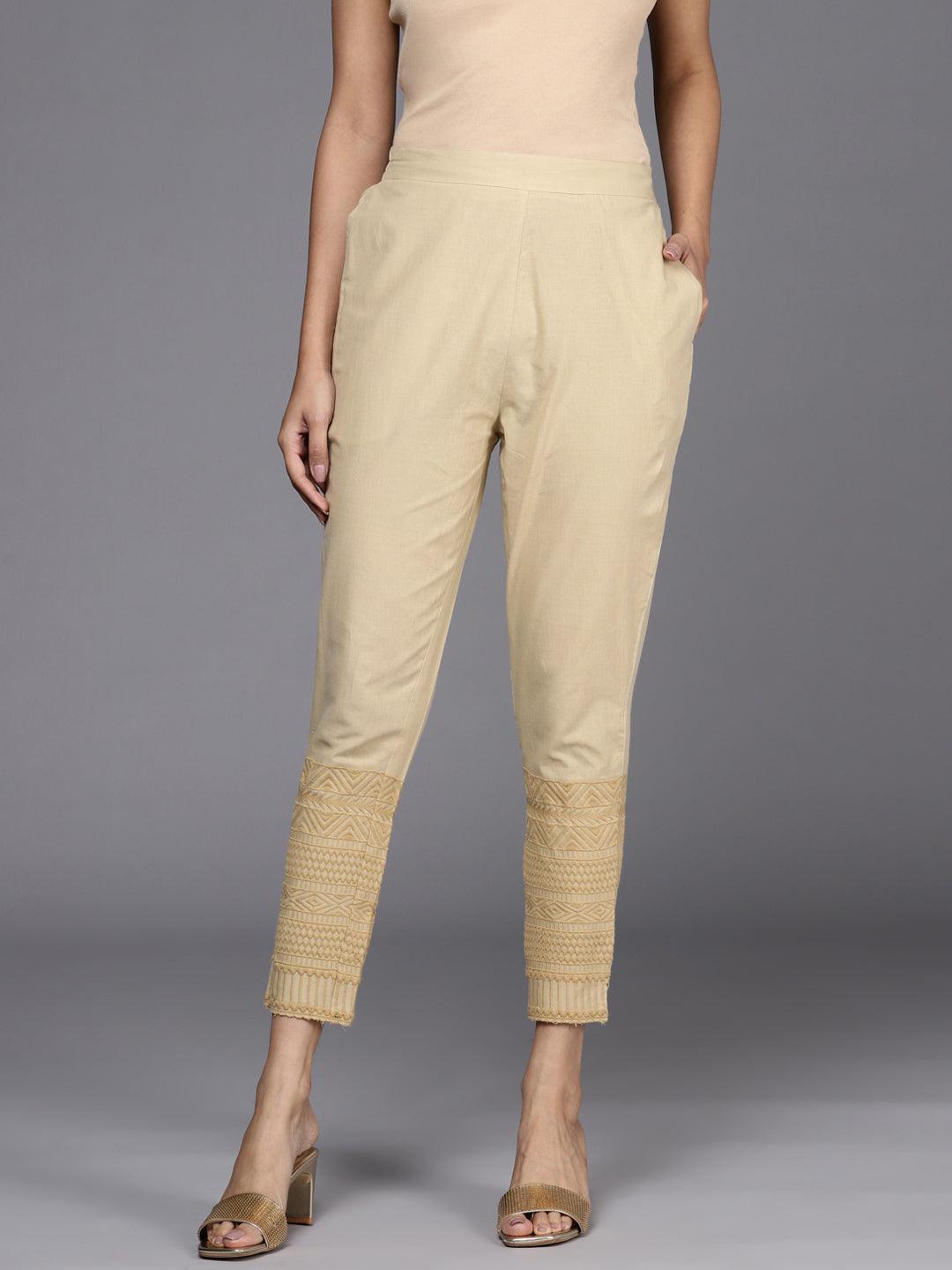 Beige Solid Cotton Trousers - ShopLibas