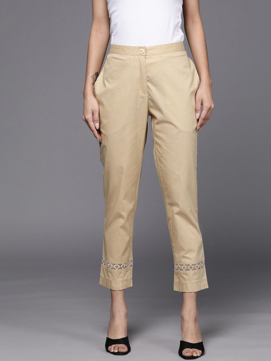 Beige Solid Cotton Trousers - ShopLibas