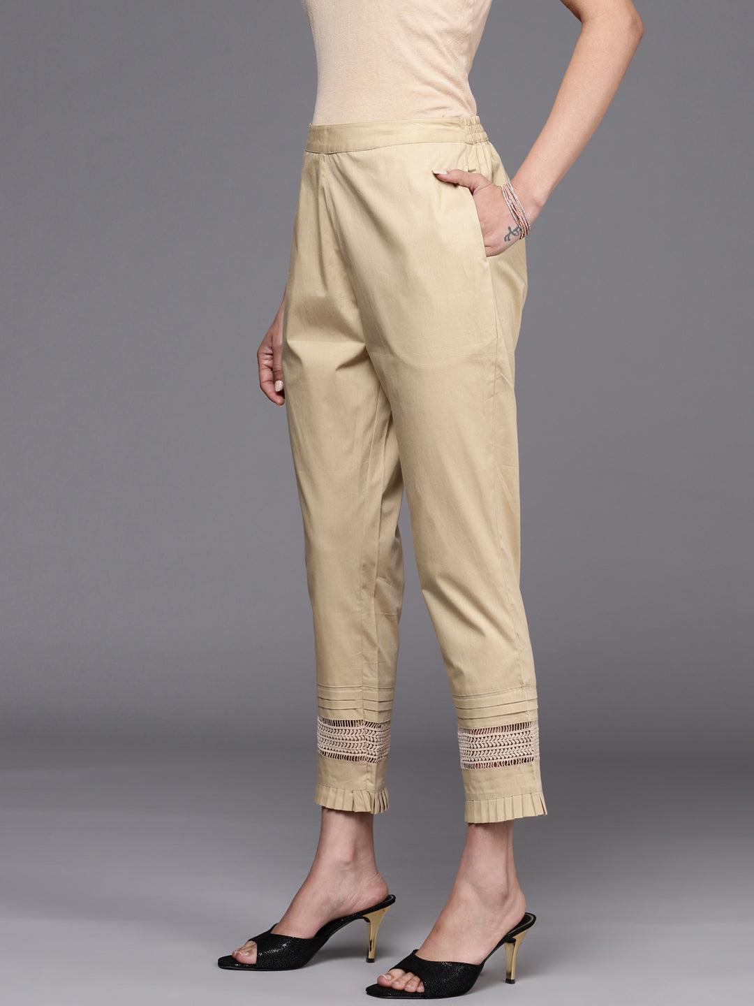 Beige Solid Cotton Trousers - ShopLibas