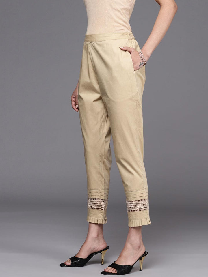 Beige Solid Cotton Trousers