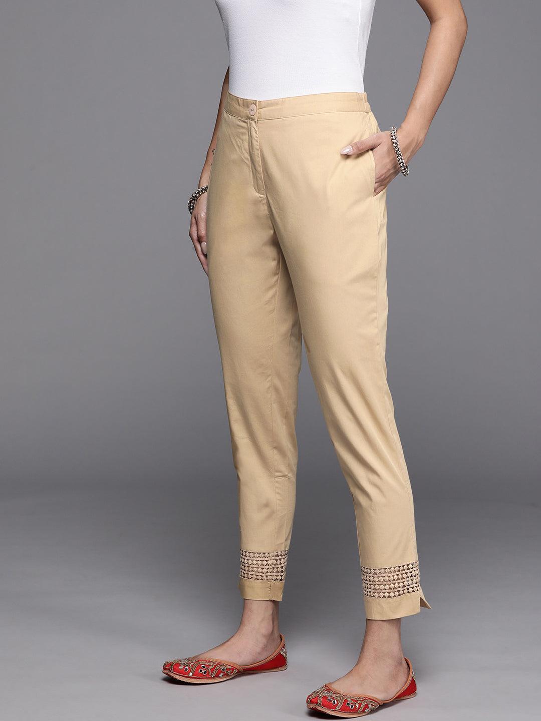 Beige Solid Cotton Trousers - ShopLibas