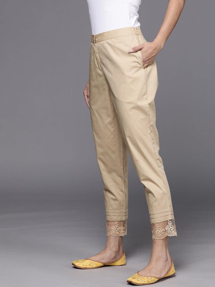 Beige Solid Cotton Trousers