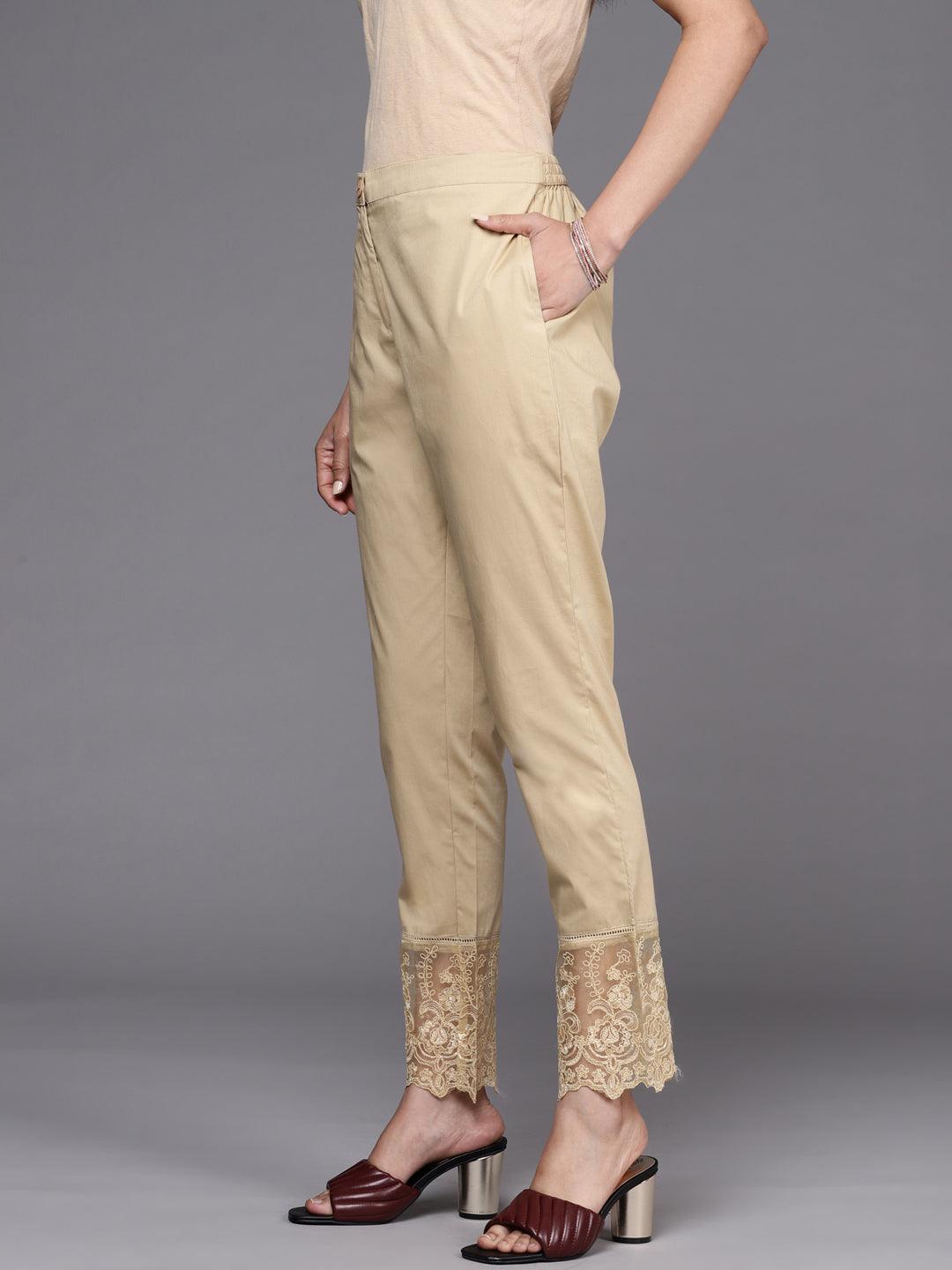 Beige Solid Cotton Trousers - ShopLibas