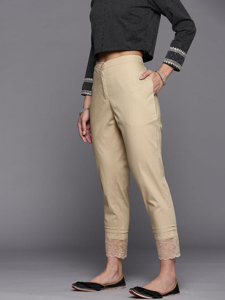 Beige Solid Cotton Trousers