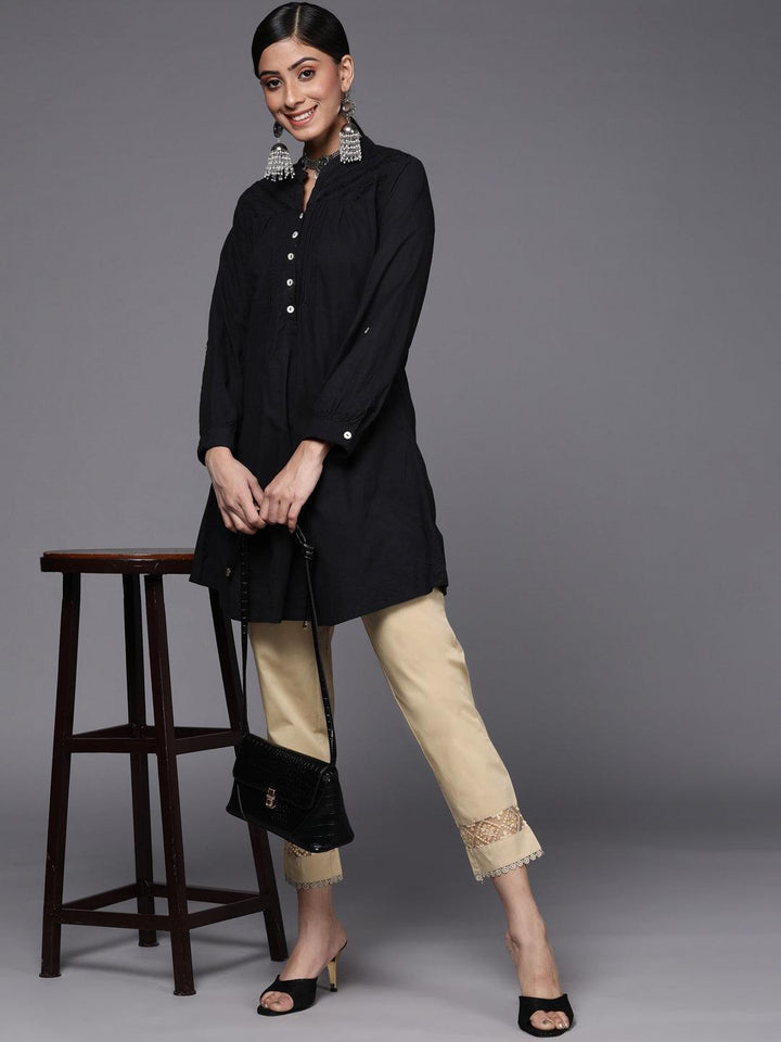 Beige Solid Cotton Trousers