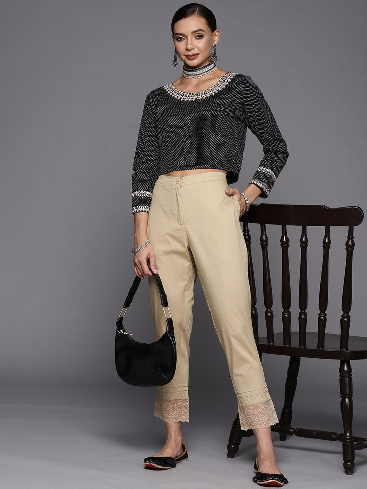 Beige Solid Cotton Trousers