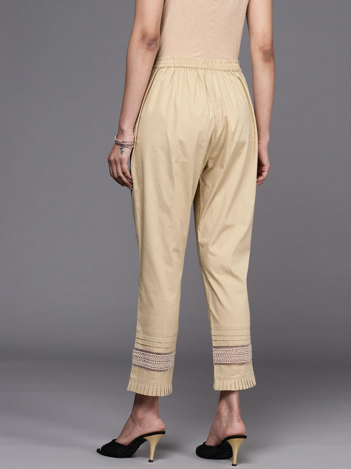 Beige Solid Cotton Trousers